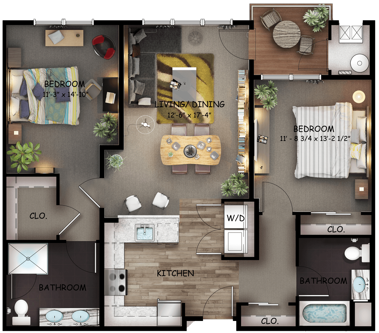 Floor plan of a two bedroom apartment with office space in North Jersey