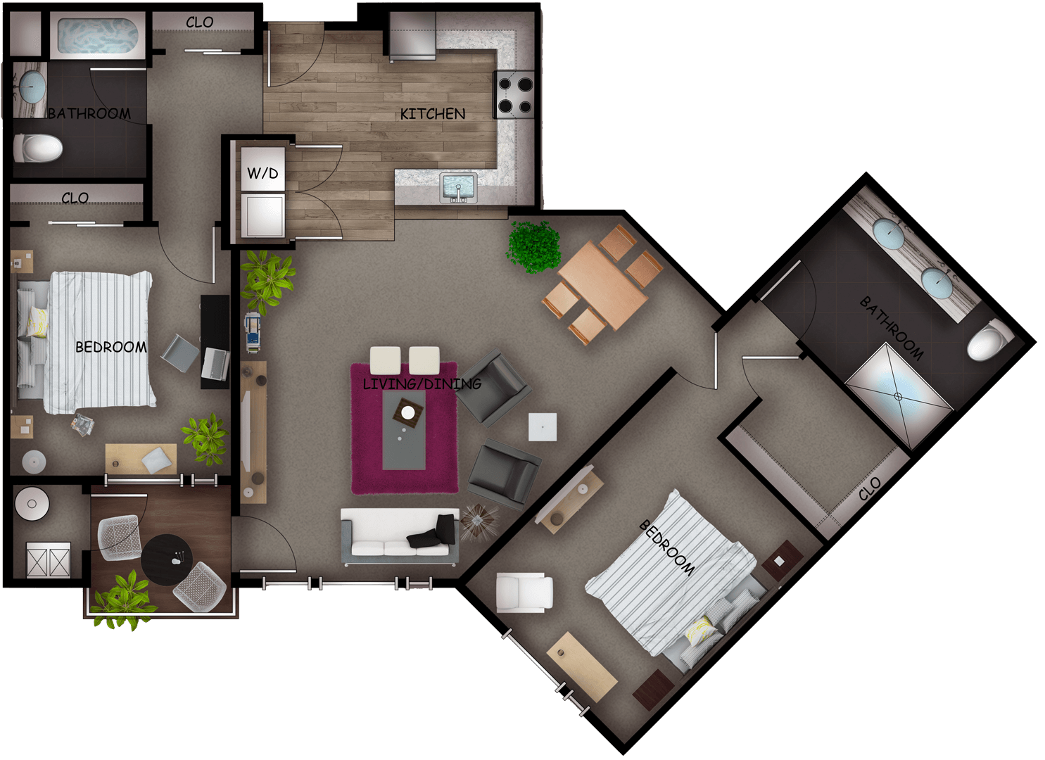 Open floor plan of two bedroom apartment near New York City