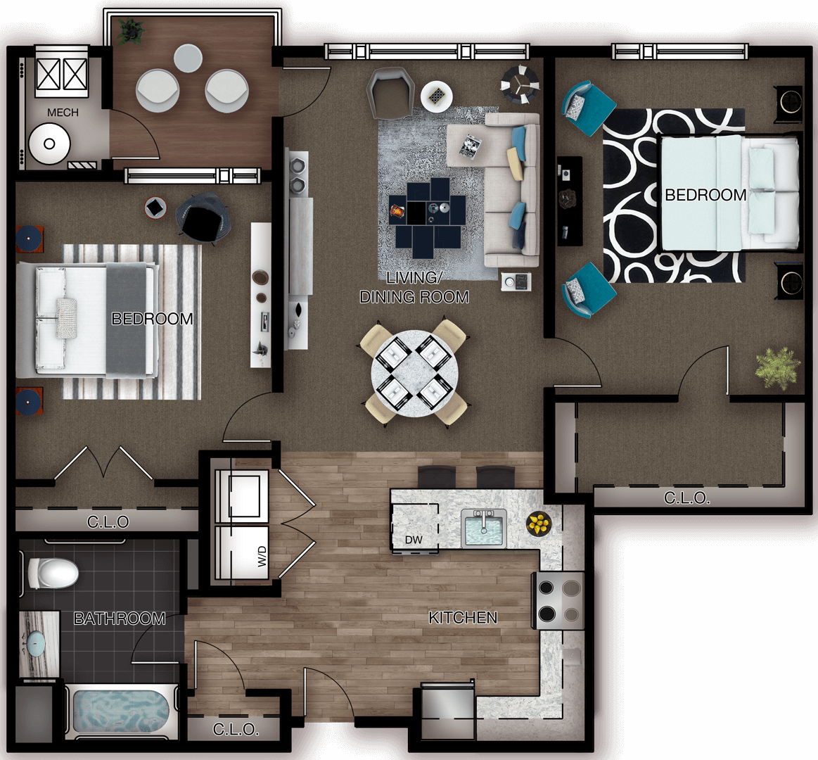 Apartment floor plan showing two bedrooms and one bathroom with separate office area in North Jersey