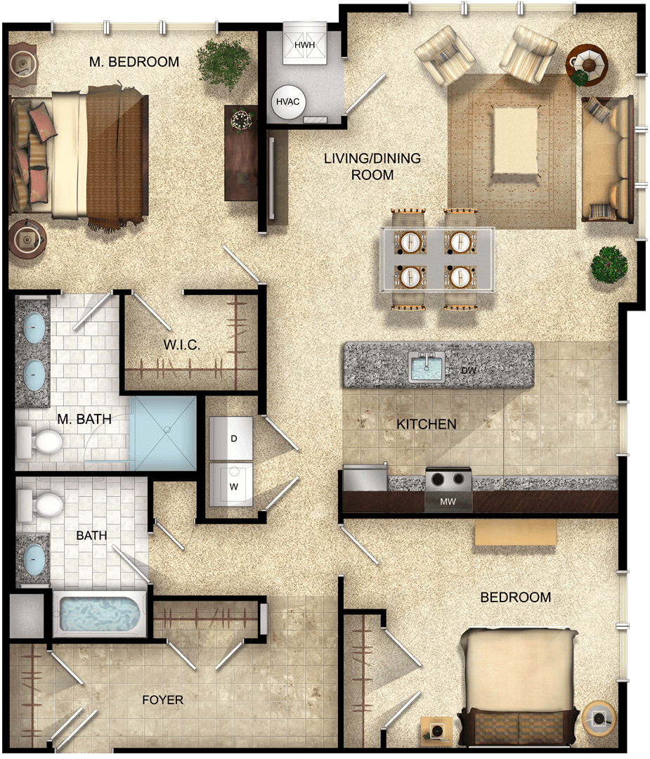 Detailed floor plan of a two bedroom apartment with two bathrooms and extended foyer