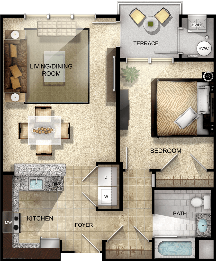 2 bed, 2 bathroom floor plan with an open concept living room