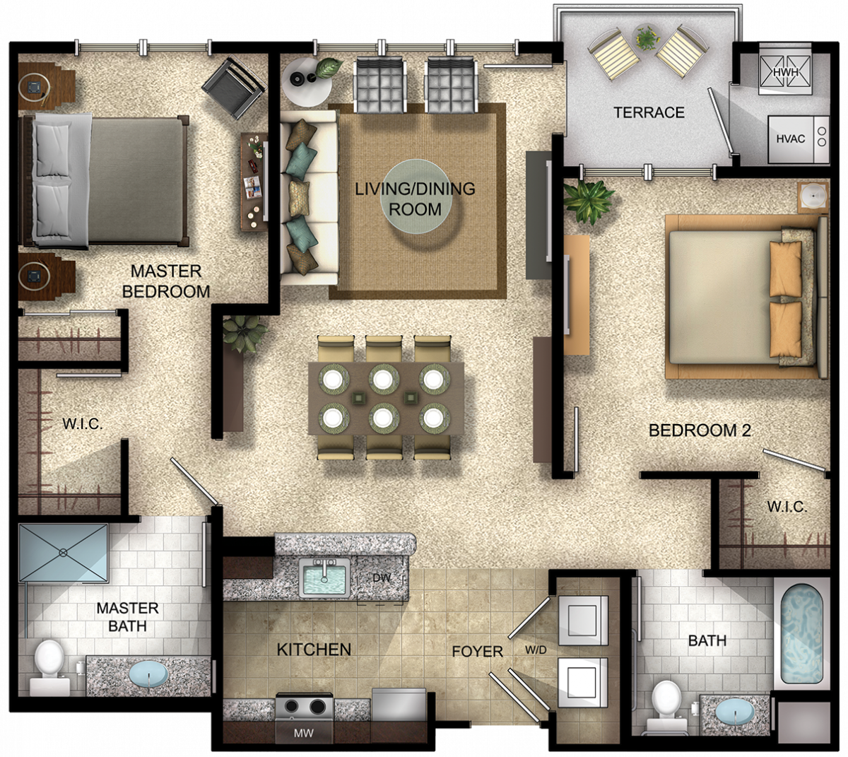 Floor plan of a two bedroom apartment with in-suite bathroom and terrace in Secaucus