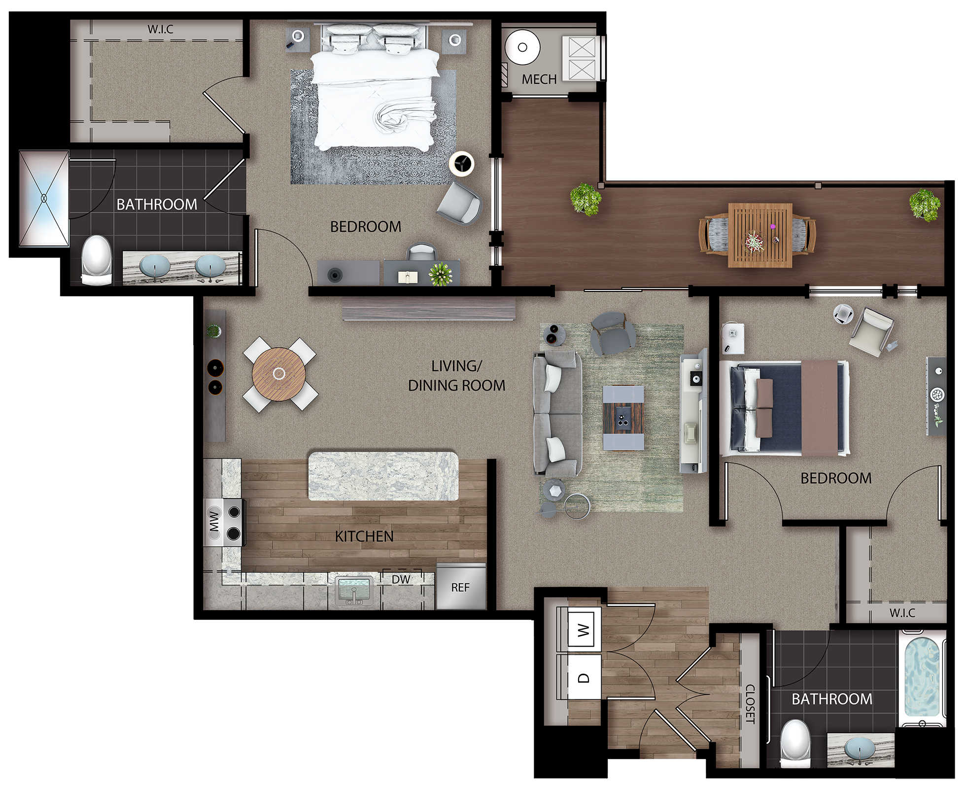 Detailed floor plan showing a two bedroom apartment with L shaped deck