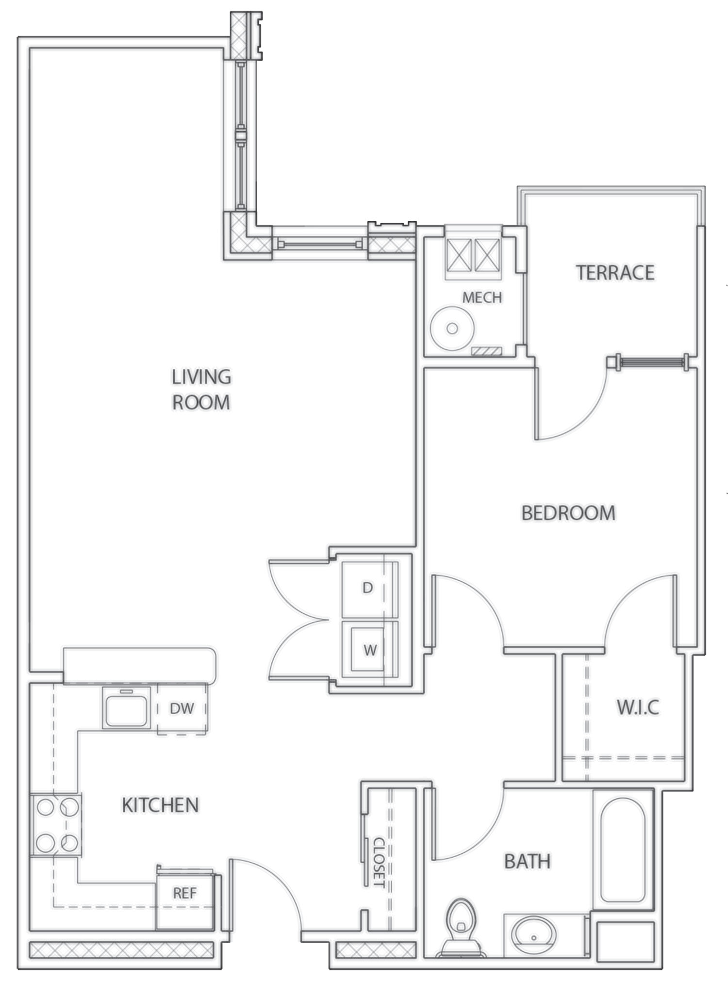 Floor plan for a 1 bedroom apartment in North Jersey