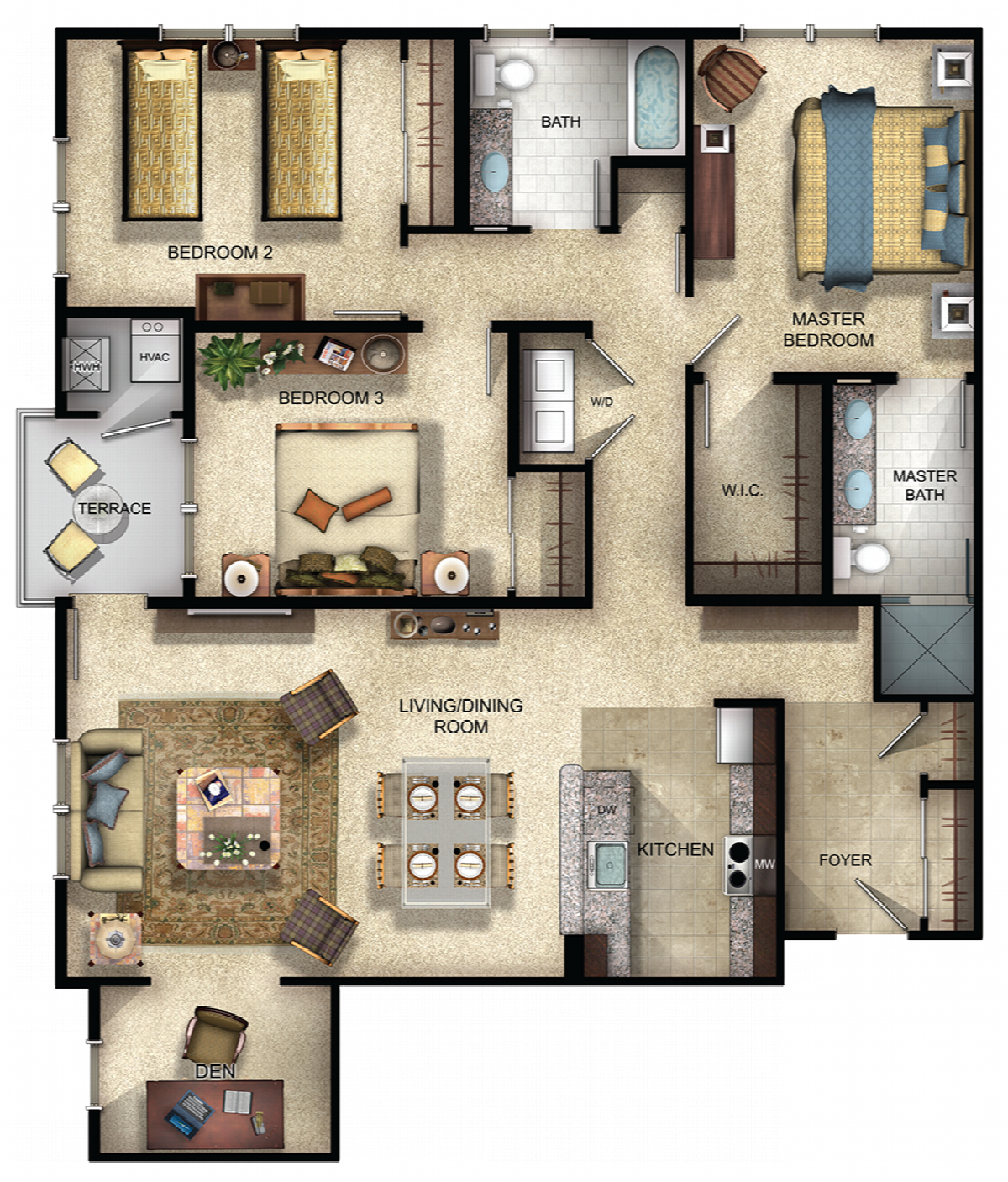 Floorplan of a luxury 3 bedroom apartment with terrace